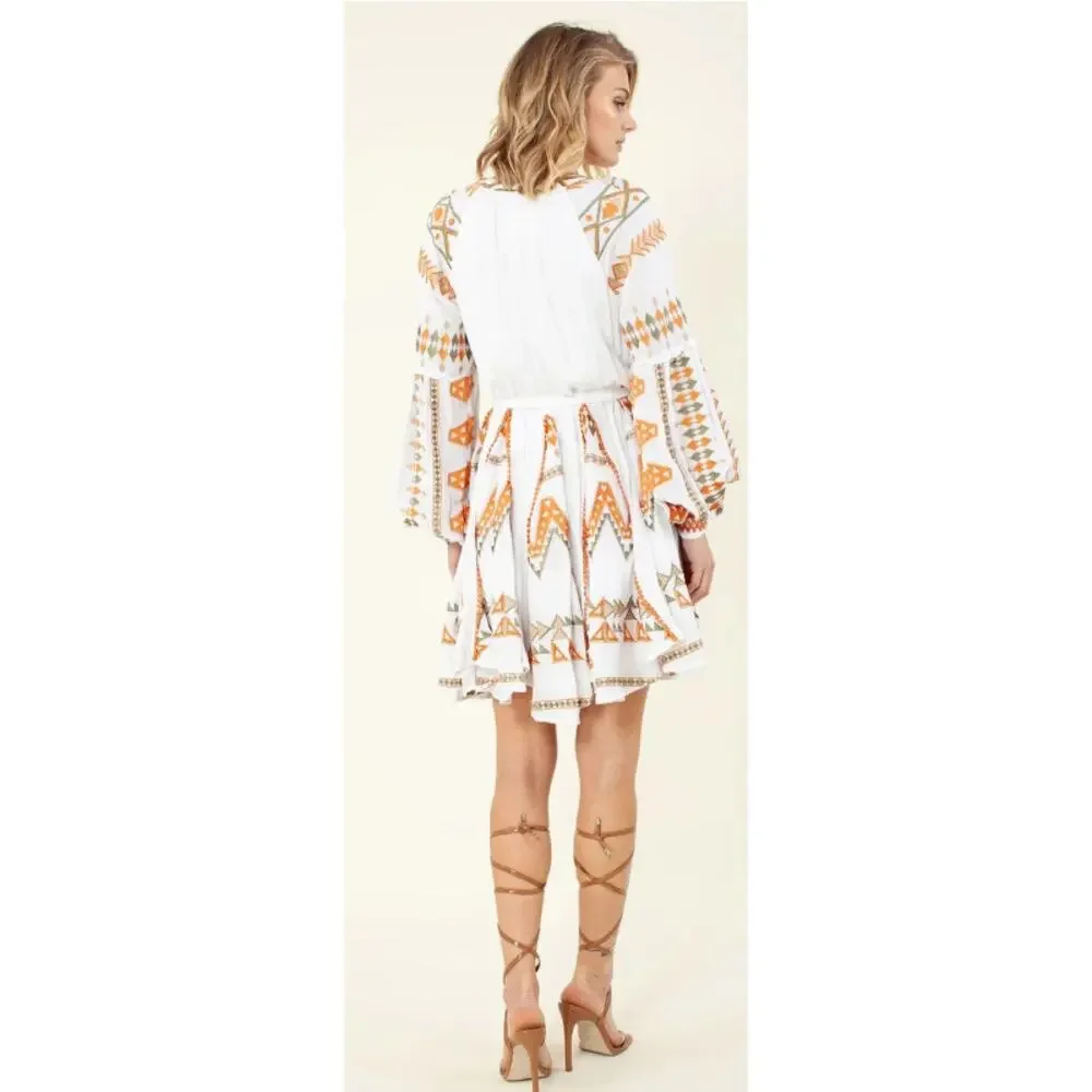 Hale Bob Ravin Embroidered Balloon Sleeve Aztez Tribal Print Mini Dress, Sz S - Picture 2 of 13